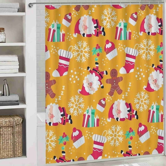70x70 inch Yellow Christmas Santa and Gingerbread Man Shower Curtain, Waterproof Polyester Fabric with Hooks for Bathroom Decor