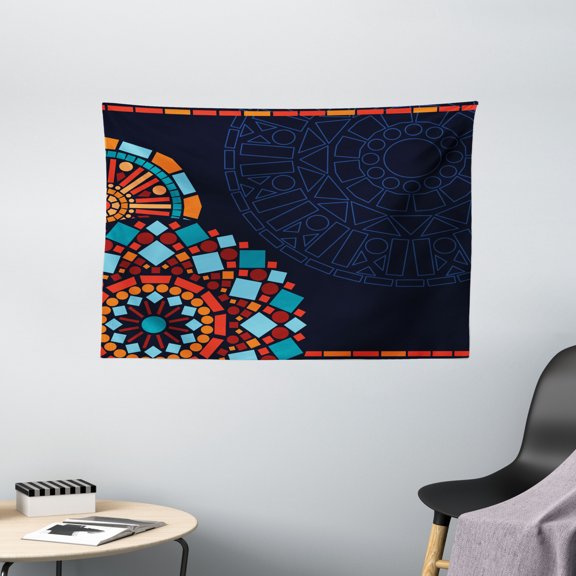 Dark Blue Tapestry, Colorful Geometric Circular Mandala Motifs Framework Moroccan Mosaic Style Ethnic, Wall Hanging for Bedroom Living Room Dorm Decor, 60W X 40L Inches, Multicolor, by Ambesonne