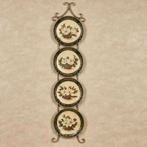 Magnolia Floral Decorative Plates Set of Four - Ceramic - Ivory, Dark Green, Gold - Table or Wall Accents for Dining Room, Kitchen, Sideboard, Hutch, Bar - Set of 4 Plates