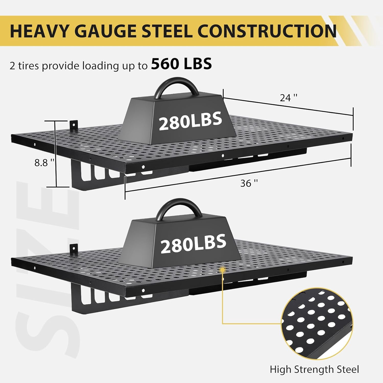 M optimized Set of 2 Garage Storage Rack 2x3ft Garage Wall Shelves Storage Floating Shelves 560lbs Capacity, 24"x36" Black