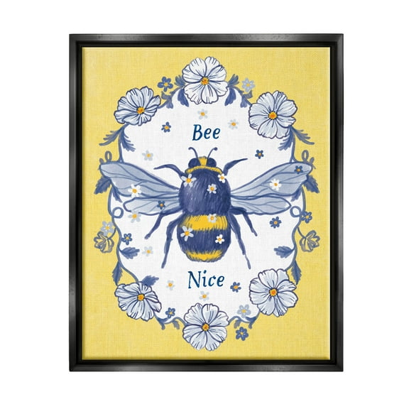 Bee Nice Floral Insect Wreath Animals & Insects Graphic Art Jet Black Framed Art Print Wall Art