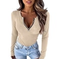 thumbnail image 5 of VEKDONE Womens Sexy Tops Long Sleeve Zipper V Neck Shirts Ribbed Knit Low Cut Tops Fall Stretch Slim Fit Shirts Solid Color Fashion Blouses Khaki L, 5 of 7