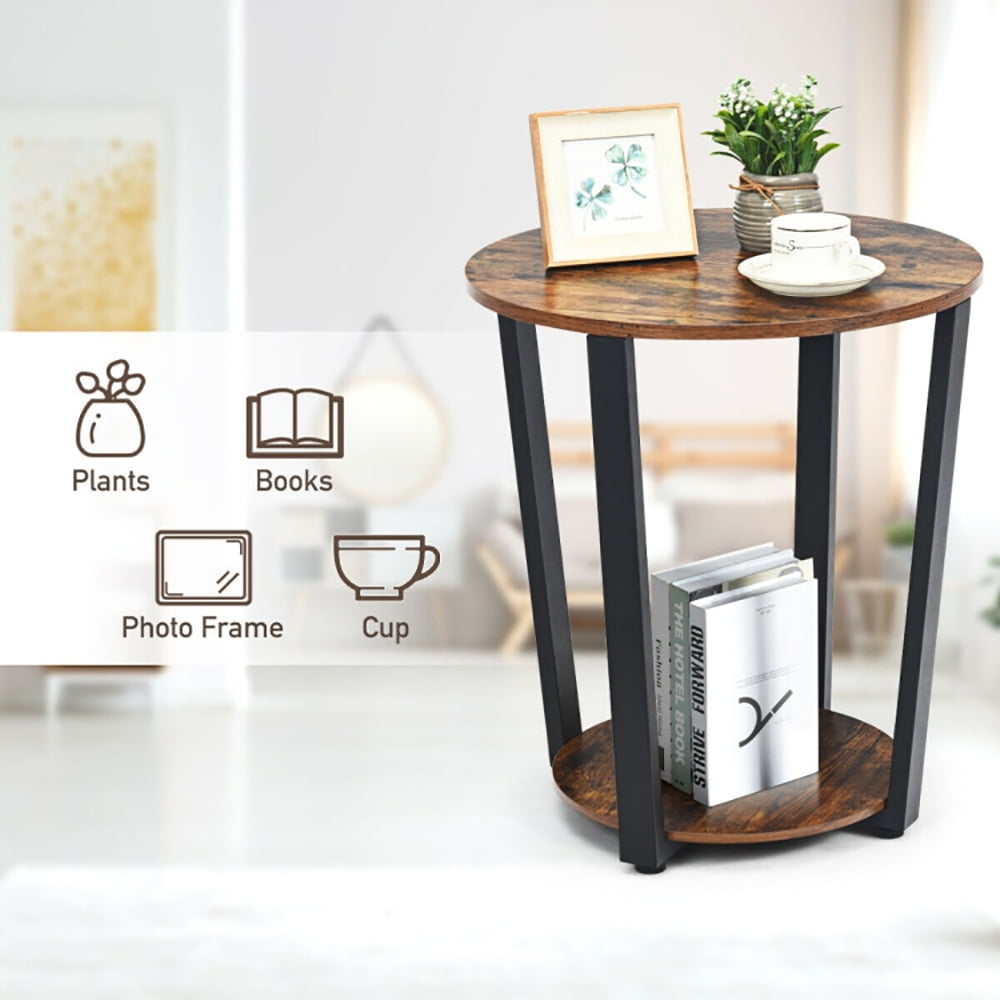Finihen Round End Table, 2-tier Round End Table with Storage Shelf and Metal Frame for Living Room, Bedroom, Brown Finihen Round End Table, 2-tier Round End Table with Storage Shelf and Metal Frame for Living Room, Bedroom, Brown