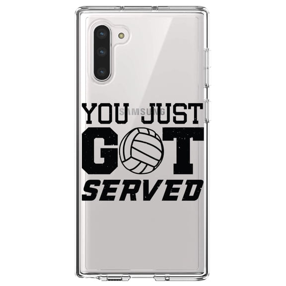 DistinctInk Clear Shockproof Hybrid Case for Samsung Galaxy Note 10 (6.3" Screen) - TPU Bumper Acrylic Back Tempered Glass Screen Protector - You Just Got Served Volleyball