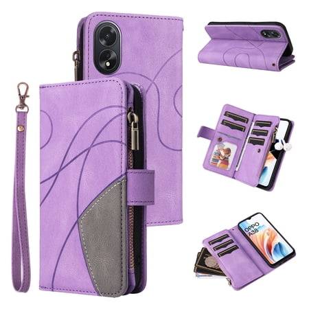 Wallet Case for OPPO A38 4G, PU Leather Zipper Storage Bag Kickstand Shockproof Flip Cover for OPPO A38 4G