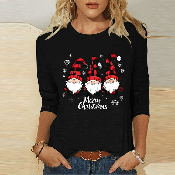 SYMOID Womens Christmas Gnome Top, Red Long Sleeve Crew Neck Relaxed Fit Shirt with Merry Christmas Snowflake for Holiday Celebrations & Family Gatherings,Size M