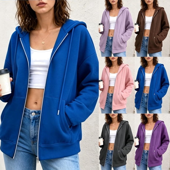 FRSASU Women's Hoodies Zip Up Casual Long Sleeve Oversized Hoodie Full Zipper Fleece Sweatshirts Jackets Purple-C
