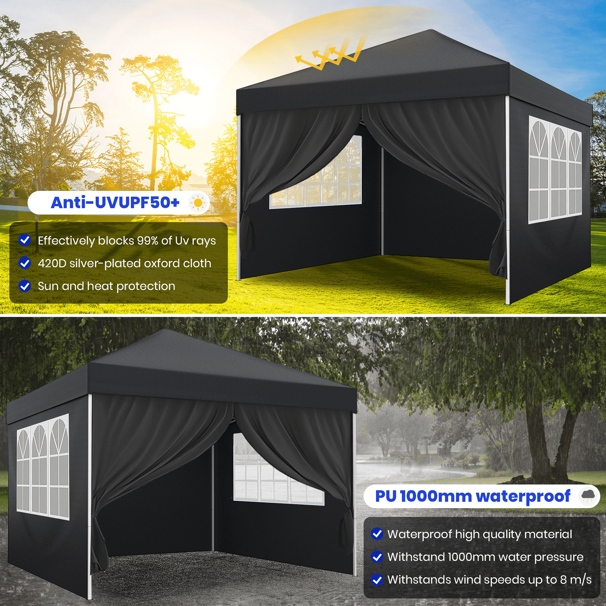 GVDV 10X10Ft Pop up Canopy Tent Enclosed Instant Folding Canopy Shelter with Elegant Church Window, Black
