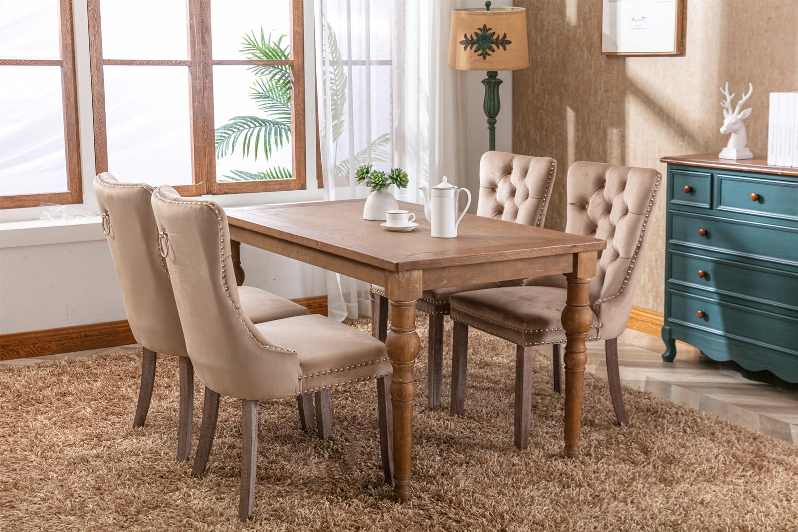 Gewnee 2 Piece Sets Modern High-end Tufted Solid Wood Khaki Velvet Upholstered Dining Chair with Wood Legs Nailhead Trim