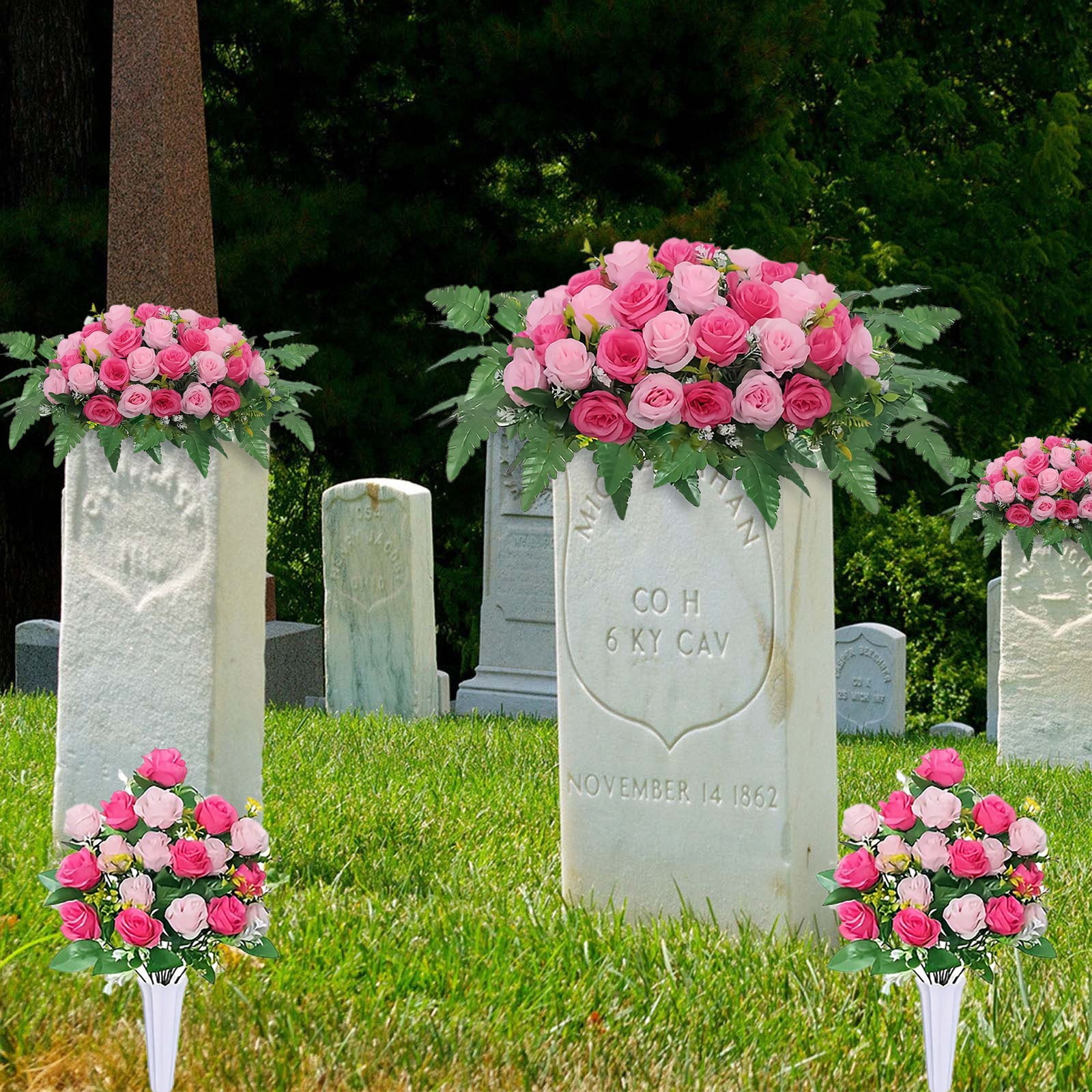 3PCS/Set Artificial Cemetery Flower Saddles, Memorial Grave Flowers with Rose Bouquet for Tombstone Headstone Decorations, for Outdoor Cemetery Vase, Long-Lasting Grave Decorations and Remembrance