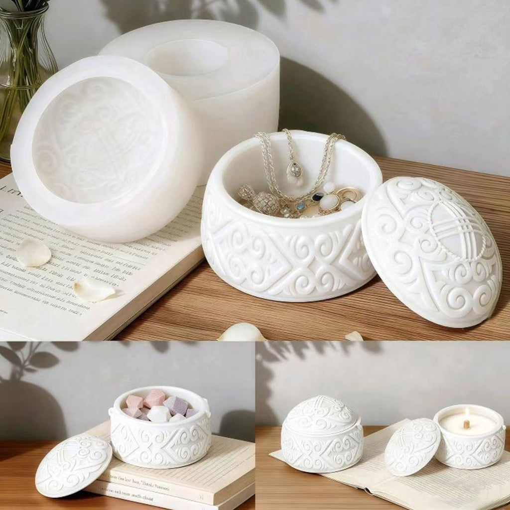 Geemin Embossed Resin Jar Molds with Lid Multipurpose Silicone Candle Mould for Candle Cup Jewelry Case Holiday Decoration