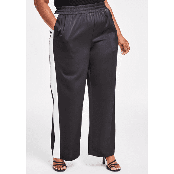Plus Size Women High Waist Satin Wide Leg Pants Elastic Waist White Side Stripe Loose Straight Casual Trousers