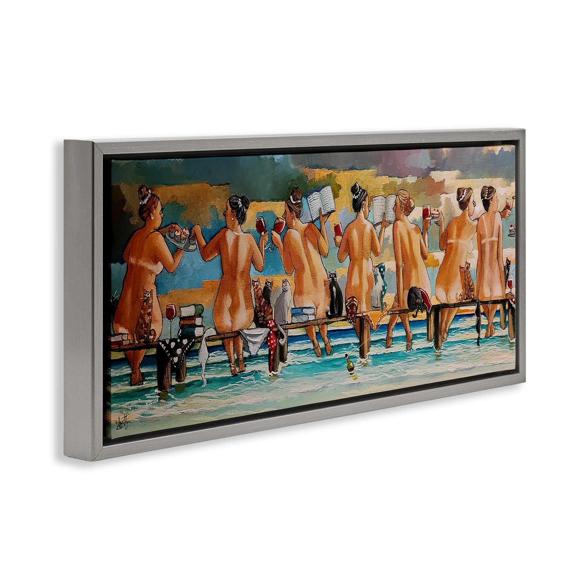 Wine, Books And Cats Jetty Gray Framed Floater Canvas Wall Art, design by Ronald West