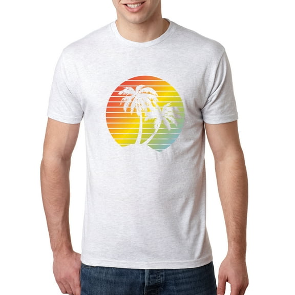 Wild Bobby, Two Coconut Palm Trees Beach Sunset | Mens Pop Culture Premium Tri Blend T-Shirt, Heather White, Small