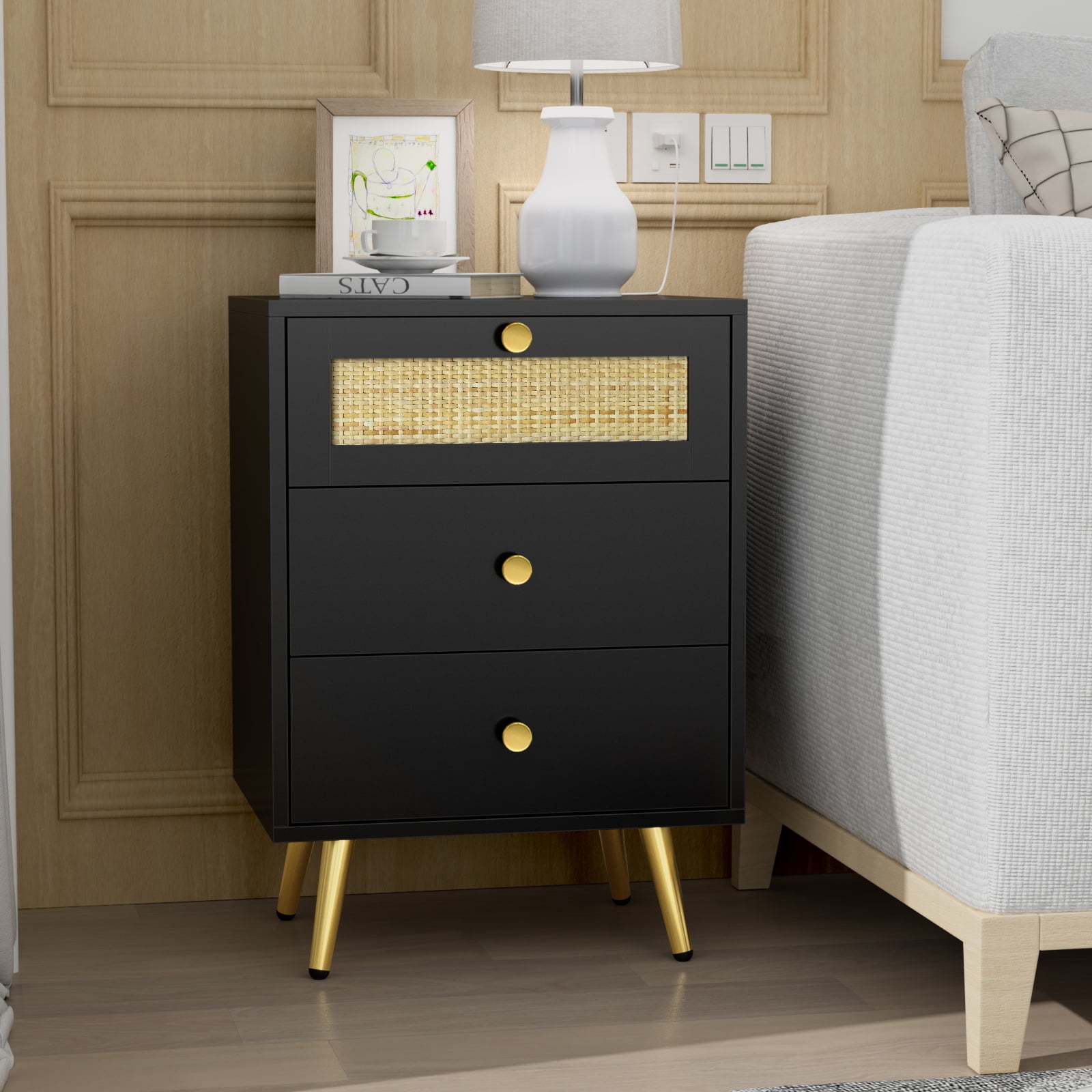 Eumyviv 3Drawer Wooden Bedroom Side Table Mid Century Rattan