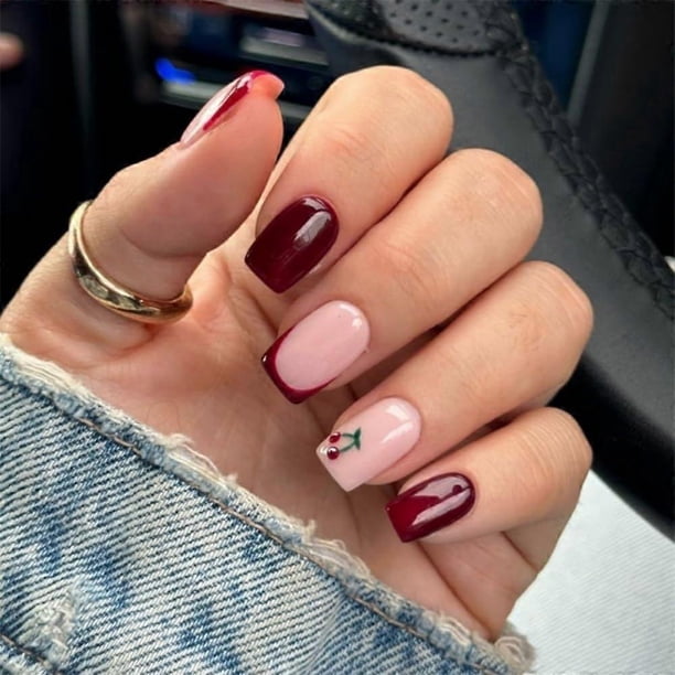 Uñas postizas cortas cuadradas de acrílico brillante color cereza, cobertura total, fácil aplicación, 24 unidades.
