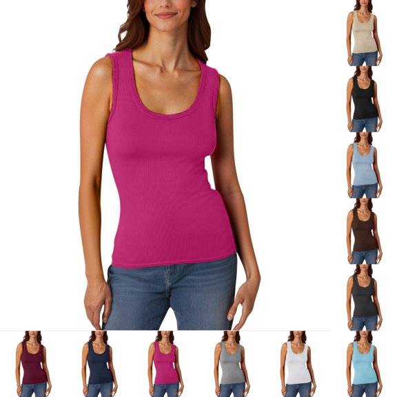 Bmisegm Womens Tank Tops Ribbed Casual Sleeveless Basic Vest U Neck Wide Straps Regular Fit Solid Color Summer Tops for Women Hot Pink S