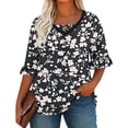 thumbnail image 2 of Odbmxy V-Neck Womens Blouse Elbow-Length Summer Women T Shirt Party Casual Black Floral Loose Flared Sleeve Button Tops, 2 of 6