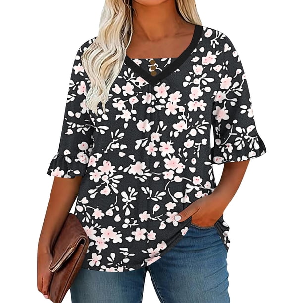 Camiseta Casual de Cuello Redondo de Manga Corta de las Mujeres con Pliegues Delanteros Y Mangas de Doblado, Blusa de Poliéster Suave para el Uso Diario de Primavera