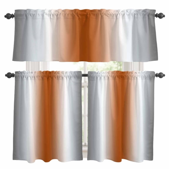 Gray Orange Kitchen Curtains Sets for Windows 24 Inch Length, Modern Gradient Geometric Rod Pocket Window Treatments Tier Curtains and Valances Set for Bedroom/Bathroom