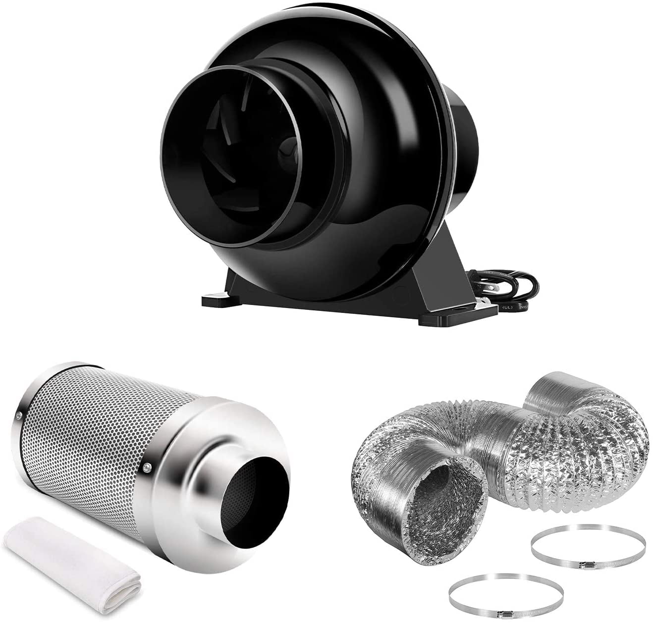 Silver iPower 4 Inch Air Carbon Filter 8 Feet Ducting 190 CFM Inline Fan Combo with Variable Speed Controller Rope Hanger and Humidity Monitor for Grow Tent Ventilation 