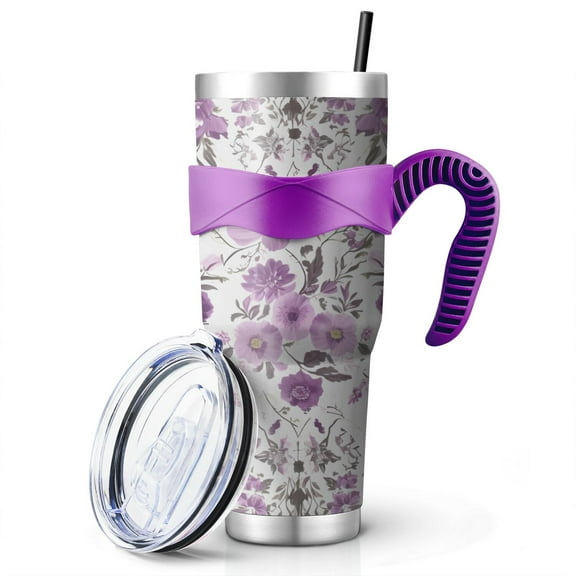 40 Oz Purple Floral Tumbler with Handle and Silicone Straws,Pioneer Double Wall Vacuum Insulated Stainless Steel Travel Mug Leak-Proof Coffee Cup on Screw Lid and Straw Purple