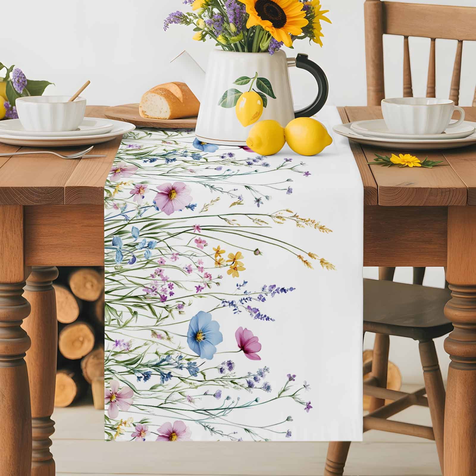 Farm Flower Watercolor Wildflower Table Runner 90 Inches Long, Farm Plant on White Table Runners Tabletop Scarf Kitchen Dining Tables Decoration for Home Party Indoor Outdoor