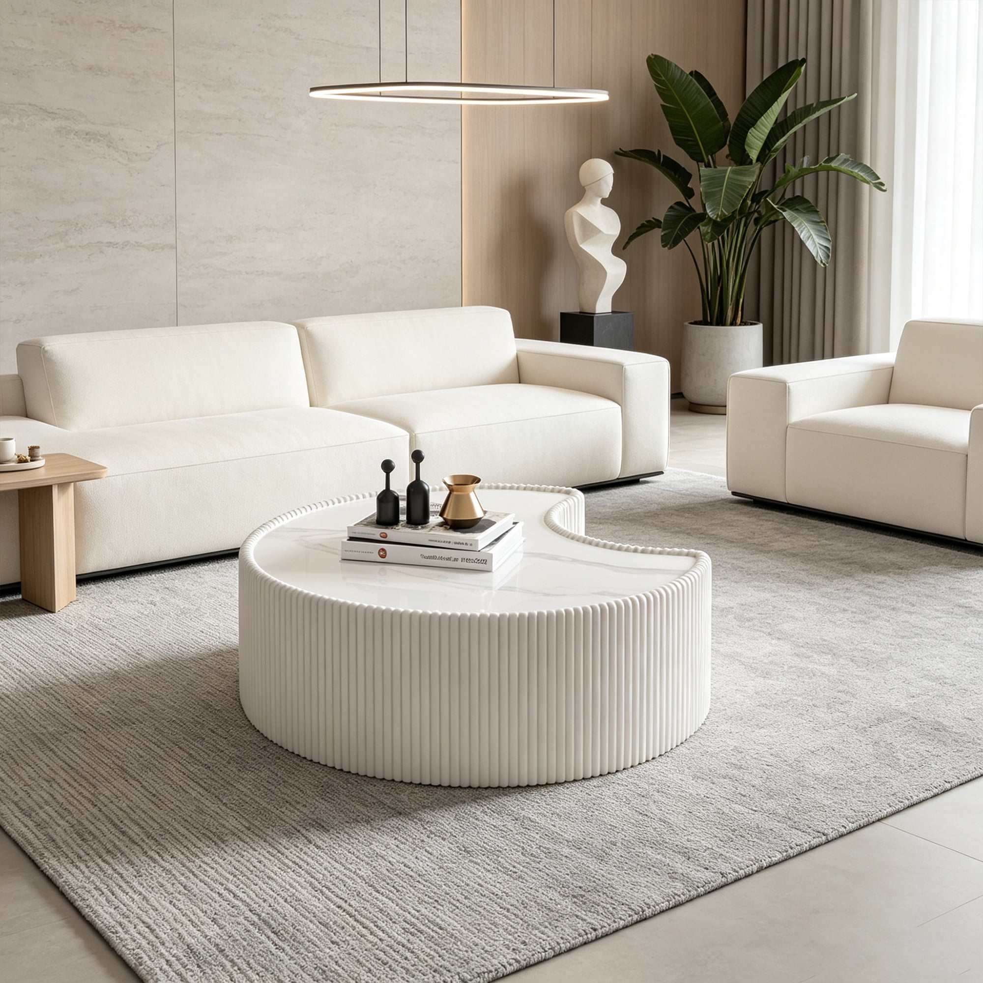 Sintered Stone Coffee Table 29.53 Inch, Irregular Shape Leather Top for Living Room Office, Cream White