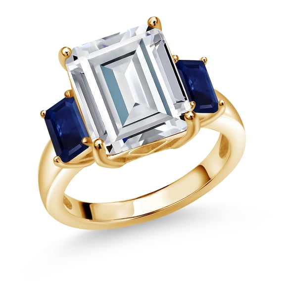 Gem Stone King 18K Yellow Gold Plated Silver Blue Sapphire Ring Set with Moissanite (8.61 Cttw) (Size 7)