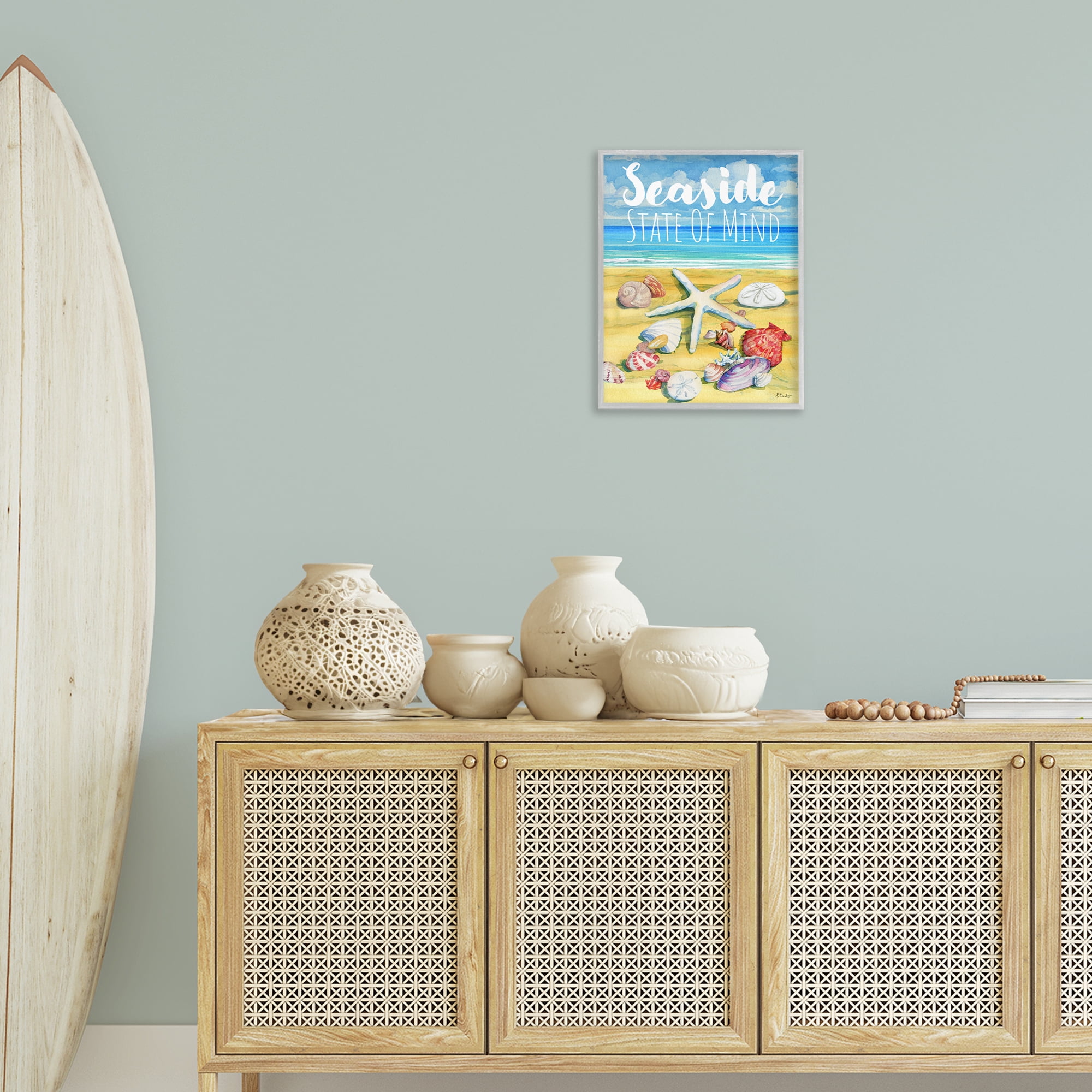 Stupell Industries Seaside Sandy Shells Coastal Painting Gray Framed Art Print Wall Art, 16 x 20