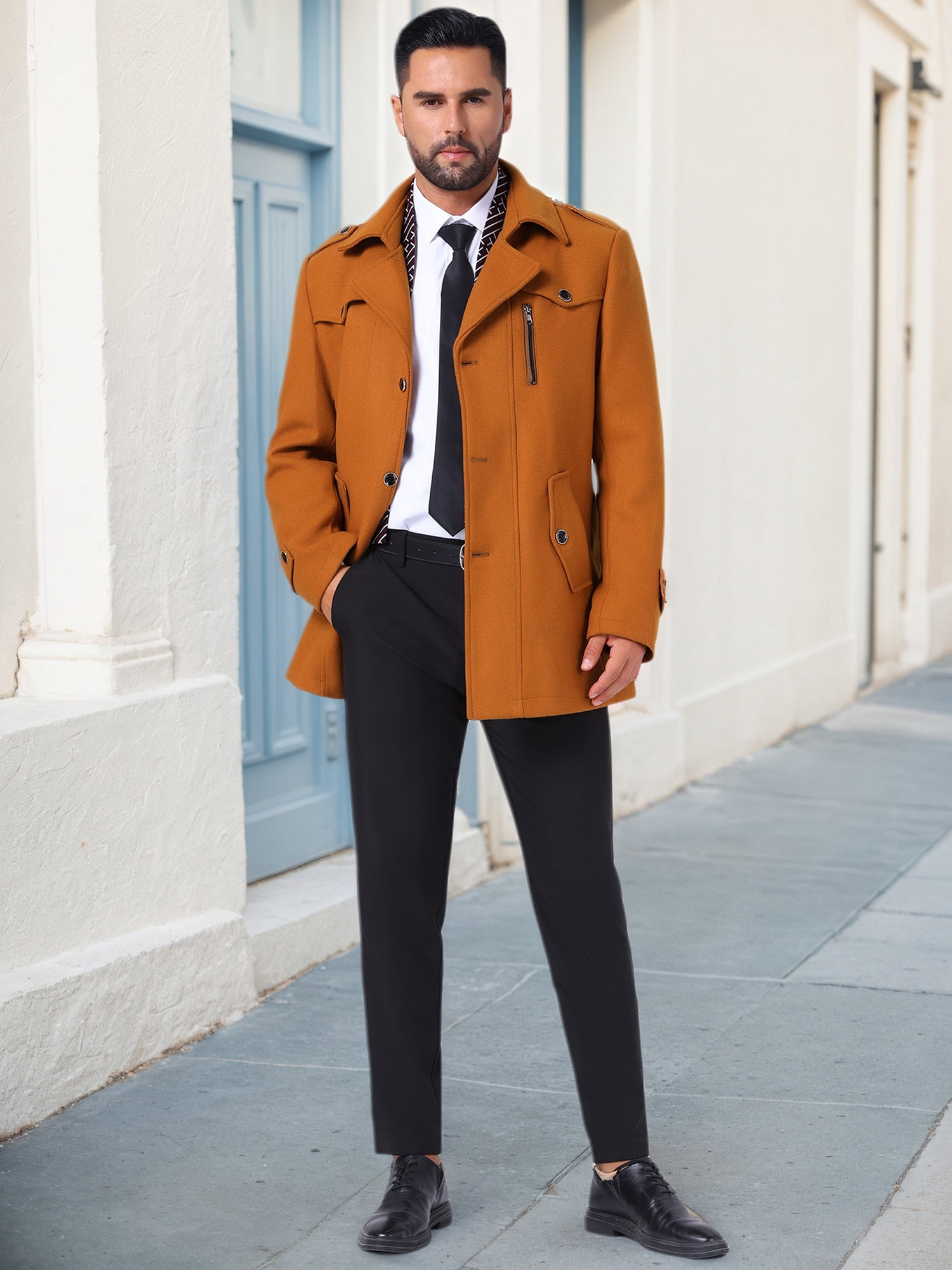 DARING DIVA Men's Mid-Length Overcoat Zipper Single Breasted Winter Coat M Caramel Brown