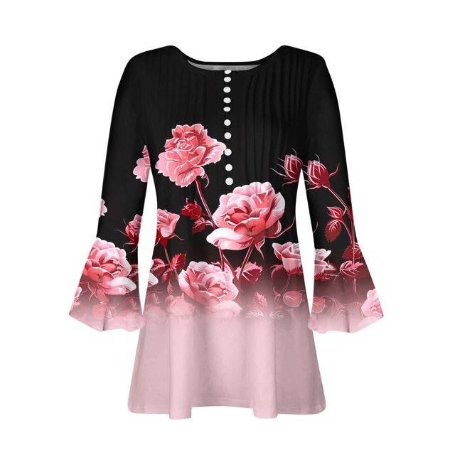 Blusa informal con botones estampados y plisados de plástico para mujer, manga 3/4, manga corta y cuello de cuerno.