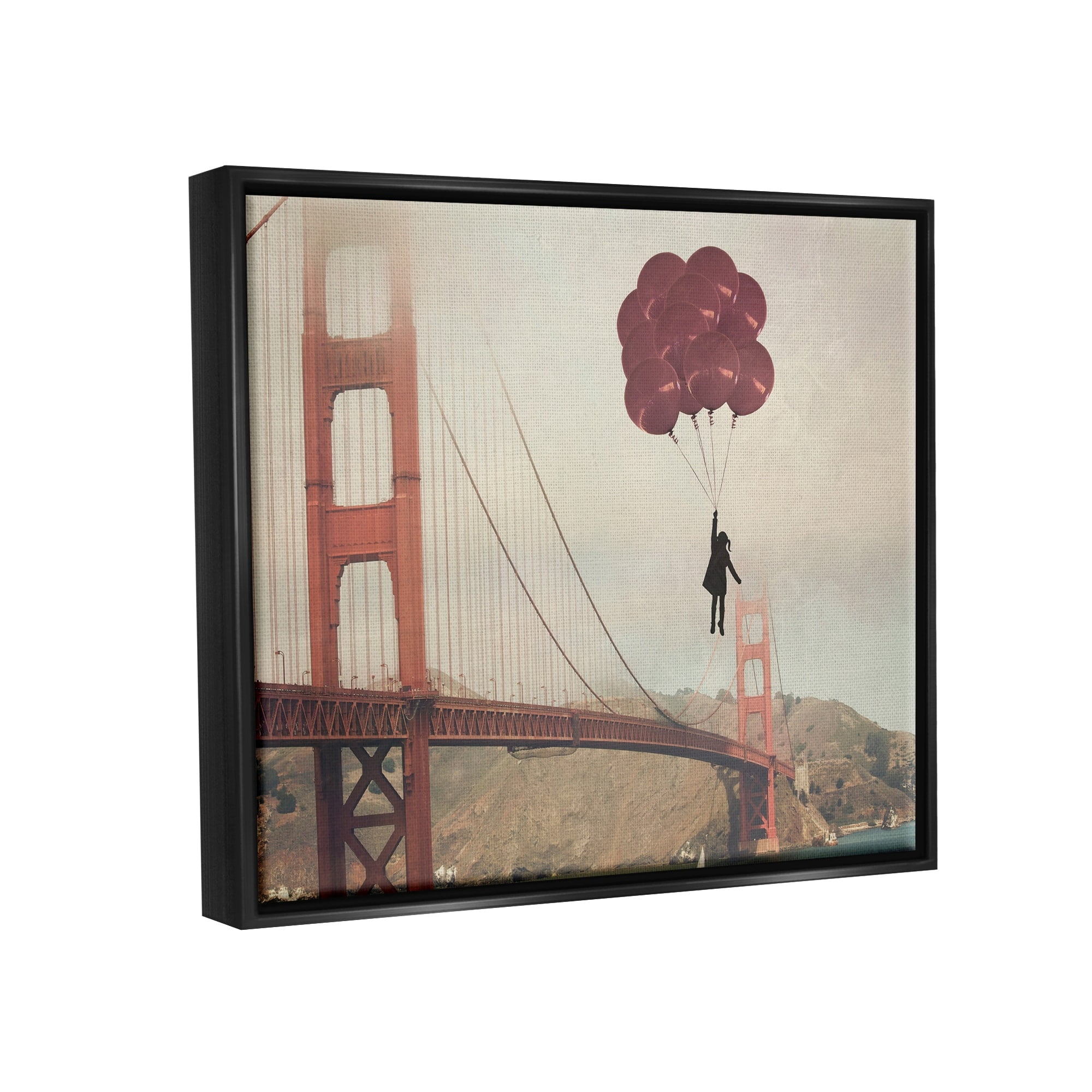 Stupell Industries Bridge Girl Balloons Abstract Modern Collage Design Jet Black Framed Floating Canvas Wall Art, 24x30, by Ashley Davis