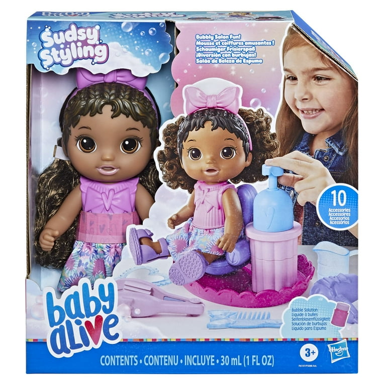 Baby Alive Sudsy Styling Doll, 12-Inch Toy for Kids 3 and Up, Salon Baby  Doll Accessories, Bubble Solution, Black Hair - Baby Alive