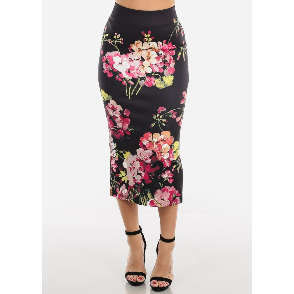 Moda Xpress - Womens High Waisted Skirt Floral Print Black Below The ...
