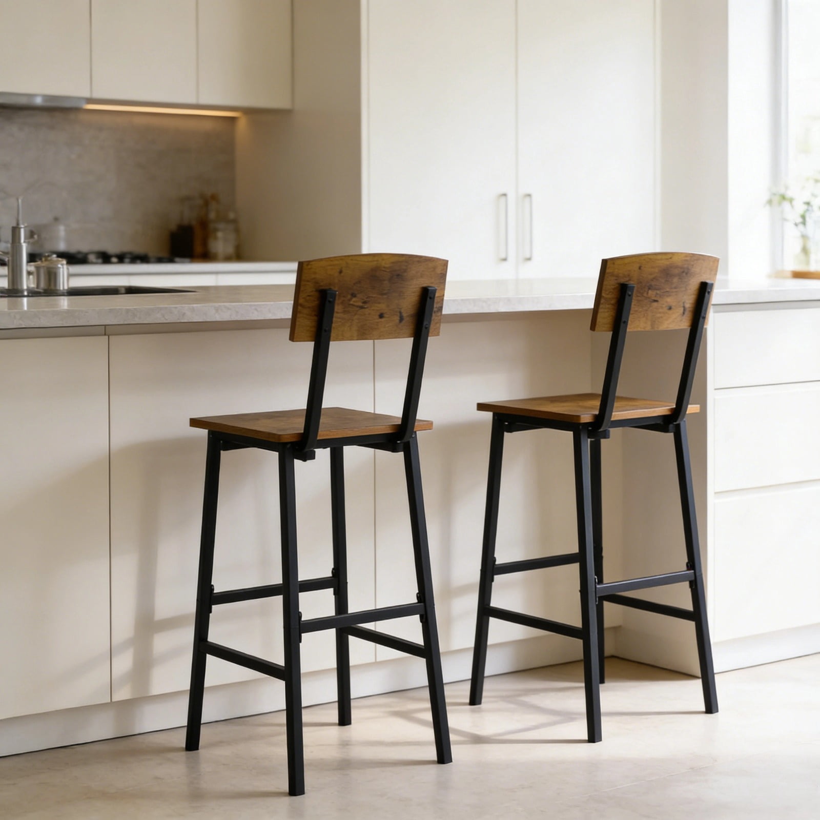 Set of 2 Bar Stools with Backrest, 26"/30" Counter Height Barstools, Rustic Wood & Metal Industrial Bar Chairs, Farmhouse Armless Bar Stools for Kitchen Island, Dining Room, Pub, Bistro