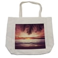 thumbnail image 1 of Palm Tree Shopping Bag, Tropical Beach Under Shadows at Sunset Ocean Waves Serenity of Paradise in Nature, Eco-Friendly Reusable Bag for Groceries Beach and More, 15.5" X 14.5", Cream, by Ambesonne, 1 of 2