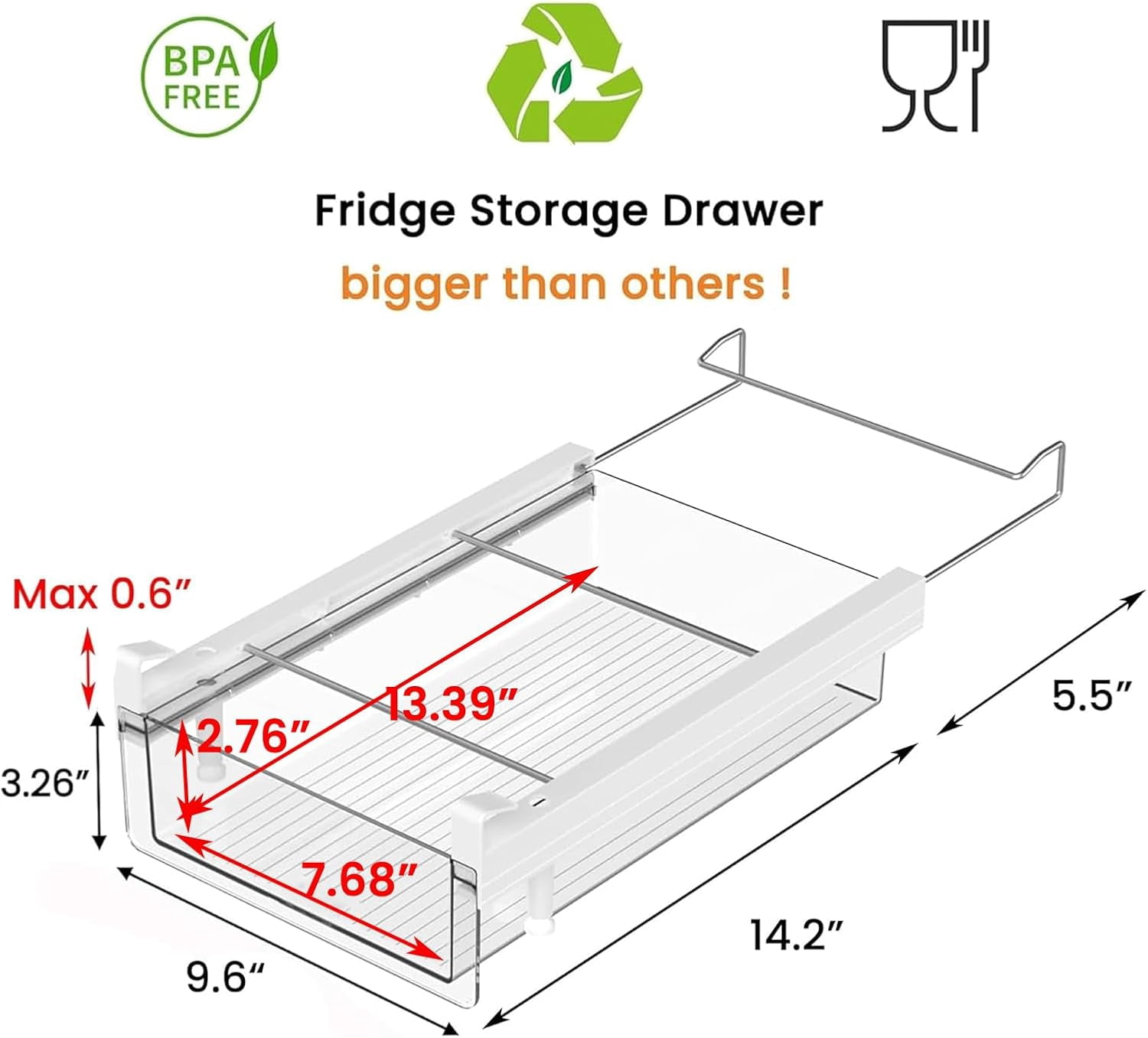 Large Refrigerator Drawer with Removable 28 Grid Egg Tray, Clear Egg Drawer for Fridge Organizer Bins, Fridge Storage Container Under Shelf Holder for Fruit,Vegetable,Meat,Cheese