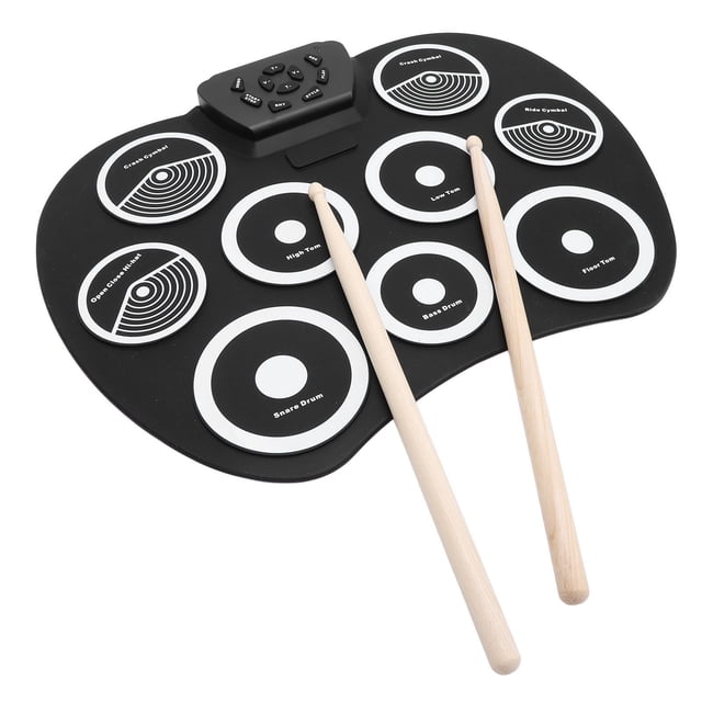Tambour Électronique, 9 Pads d'Entraînement Tambour Enroulable 3.5mm Jack 3 Niveaux Reverb 10 Rythmes pour Enfants