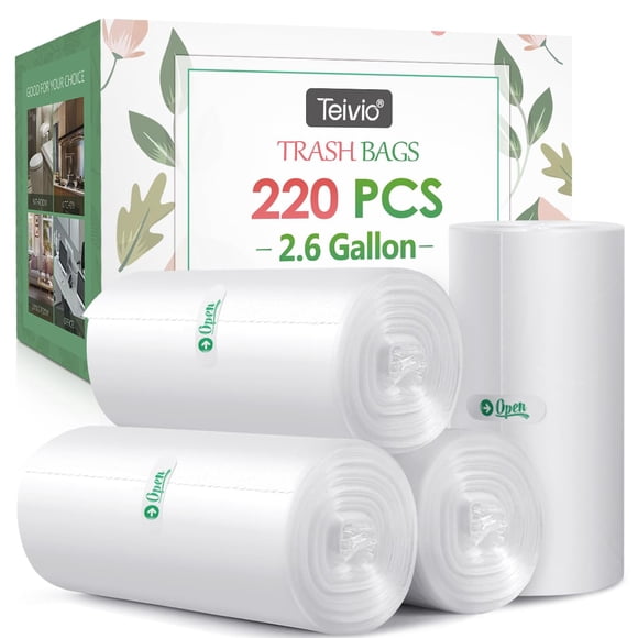 2.6 Gallon 220 Counts Strong Trash Bags Garbage Bags by Teivio, Bathroom Trash Can Bin Liners, Small Plastic Bags for home office kitchen,fit 10 Liter, 2,2.5,3 Gal, Clear