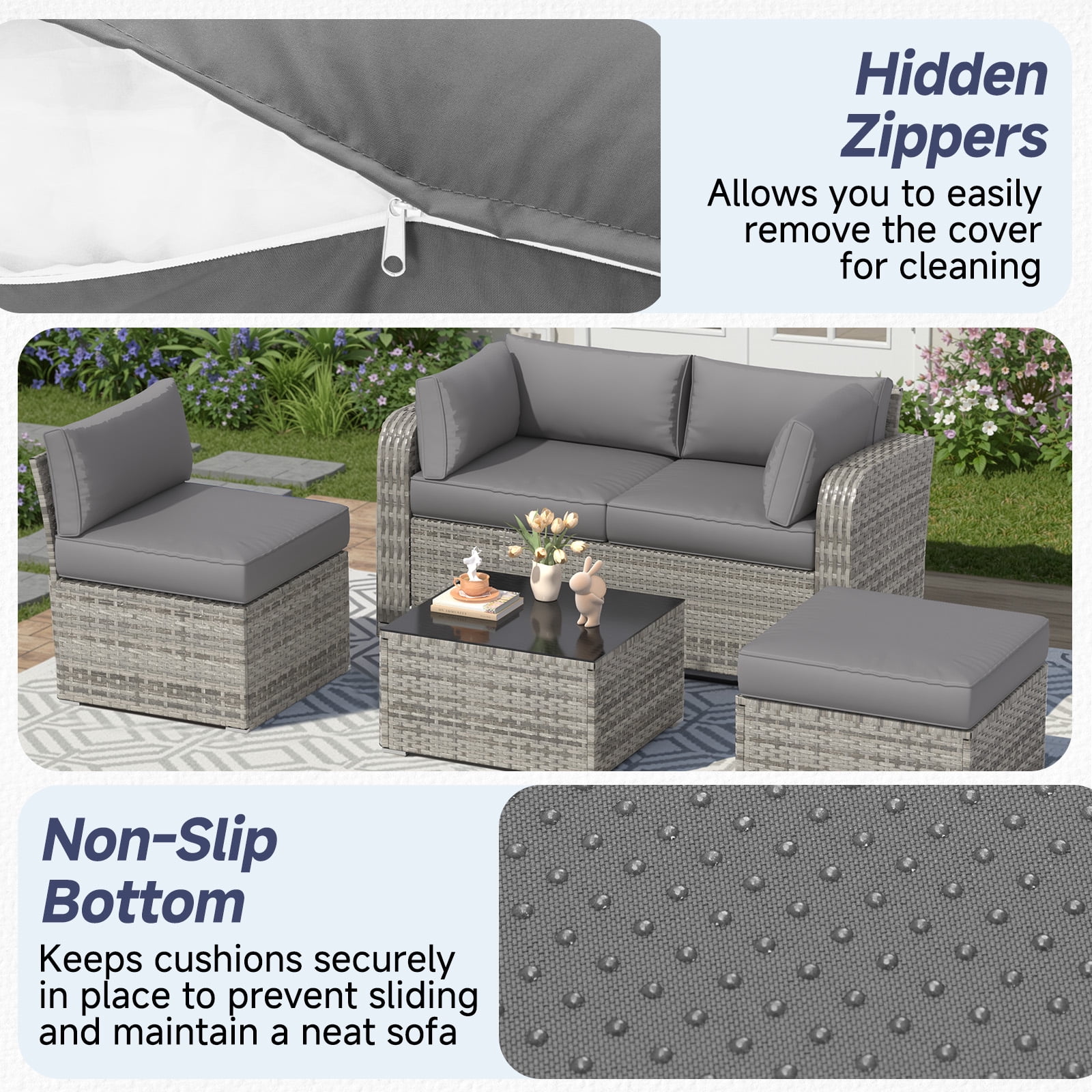 HOMREST Outdoor Replacement Cushions for Patio Furniture,Water-Repellent Sofa Cushion for 4-Seat Rattan Wicker Sectional Patio Conversation Sets,9-Piece Cushions Set for Outdoor Couch,Gray