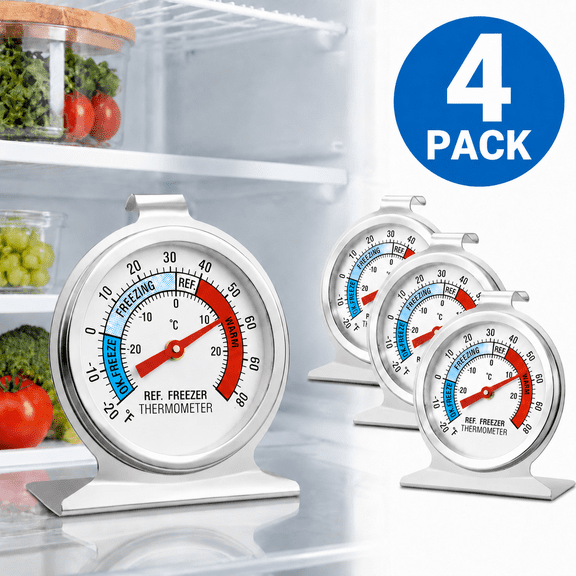 Geeopuk 4 Pack Refrigerator Thermometer, Large Dial Fridge Freezer Thermometer with Easy Read Display, Hanging or Standing Temperature Gauge for Refrigerator, Freezer, Cooler and Food Storage