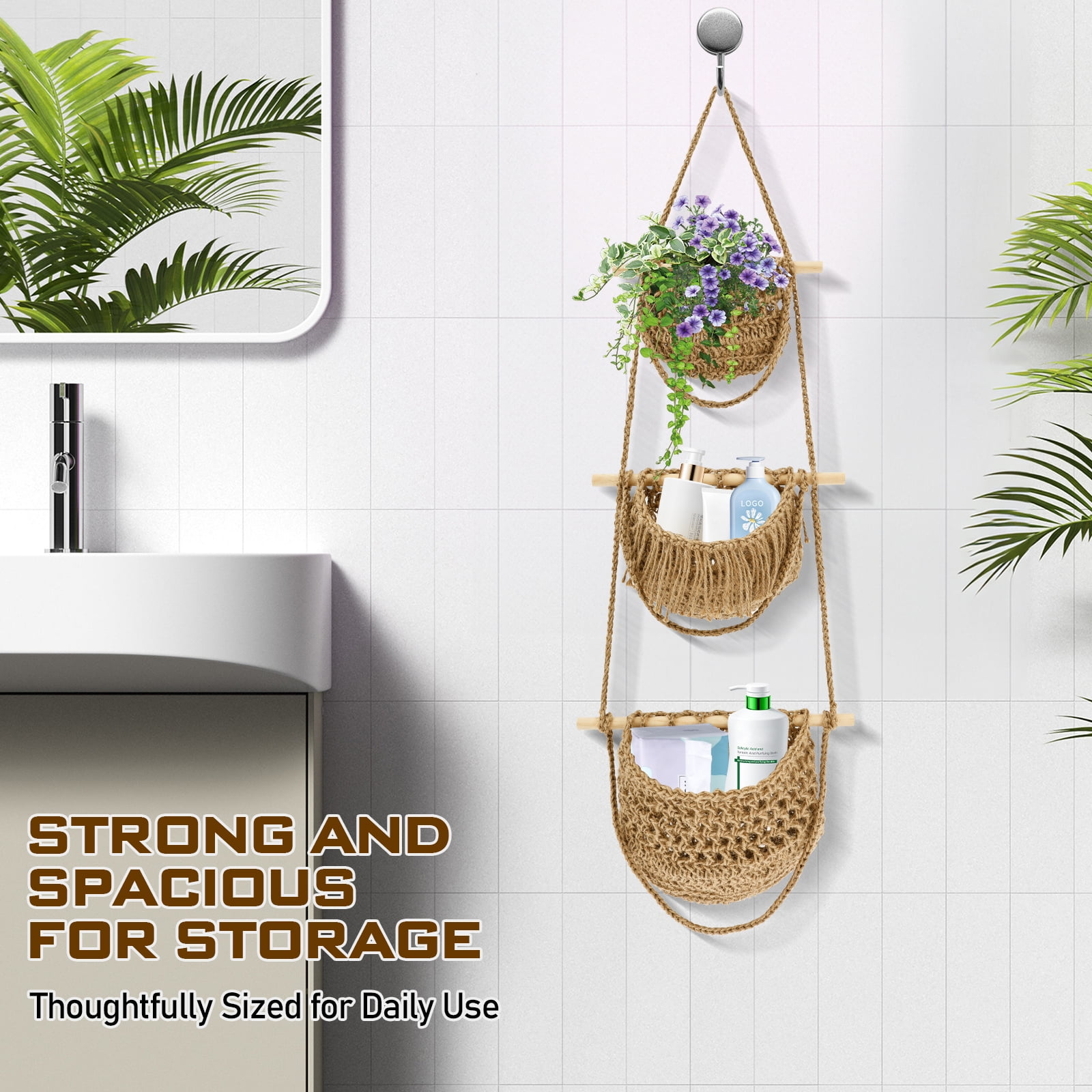NUAHRHY 3 Tier Hanging Fruit Basket Wall Mounted Vegetable Storage Holder, Over The Door Organizer Bag Woven Jute Boho Wall Decor, Hanging Produce Basket for Entrance Kitchen Dorm RV Home Bedroom