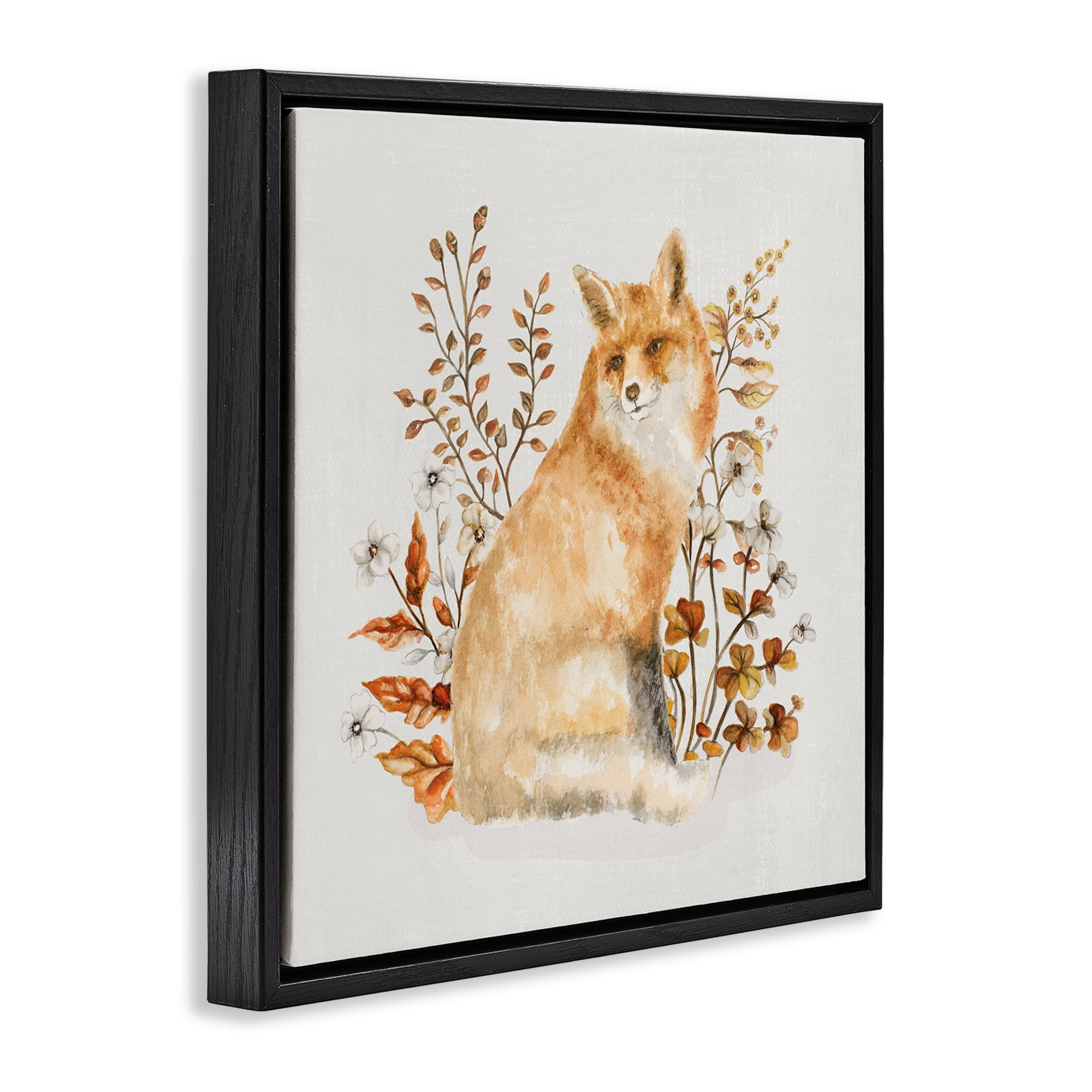 Stupell Industries Rustic Fox & Botanicals Animals & Insects Painting Black Floater Framed Canvas Art Print Wall Art, 25 x 25