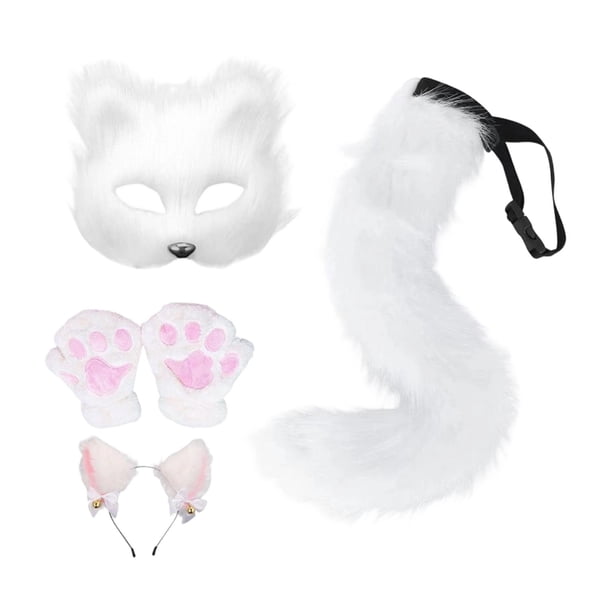 Conjunto de diadema y cola con orejas de gato y zorro, accesorios de disfraz para fiesta, juego de rol Blanco