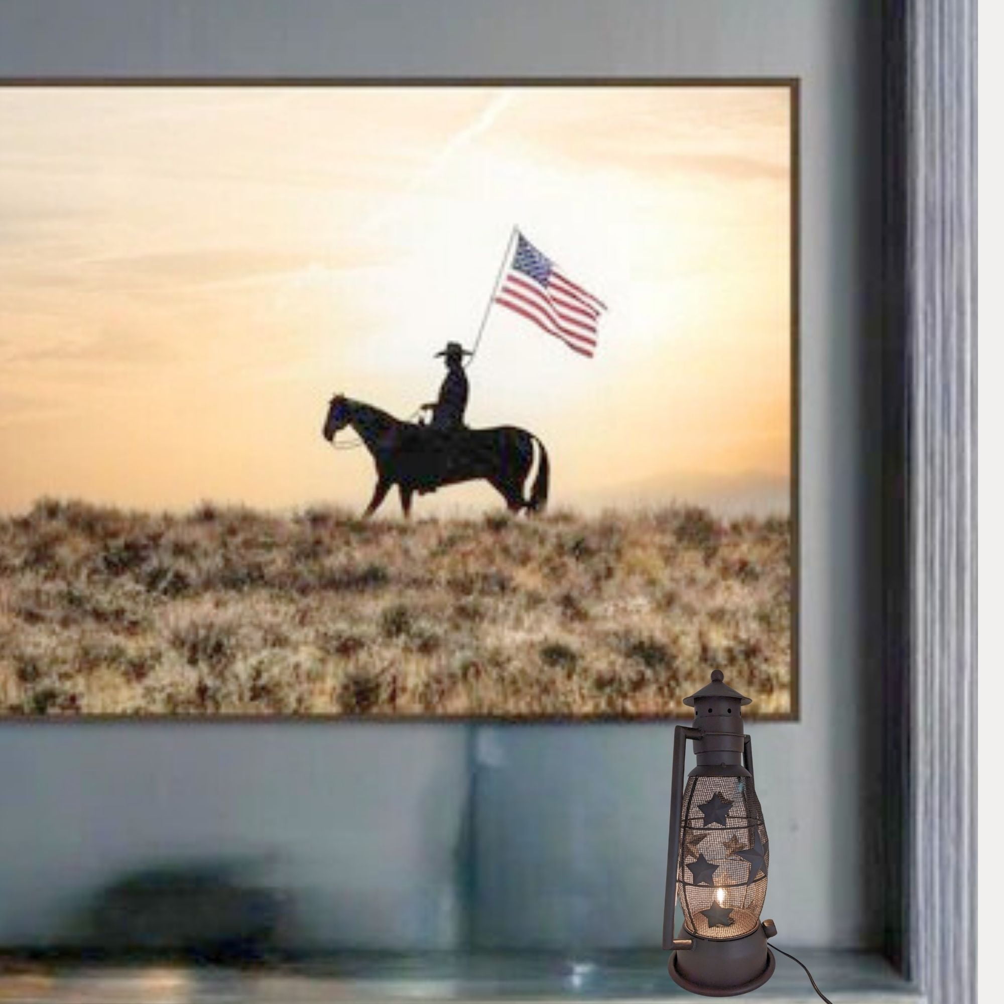 Rustic Metal Star Lantern Nightlight - Vintage Farmhouse Table Lamp with Electric Cord - Western Cowboy Style Décor for Living Room, Bedroom, or Office