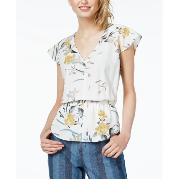 Bar III Floral Print Smocked Waist Top White Tropical XS