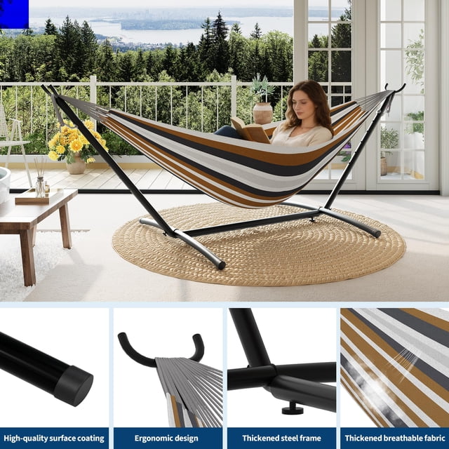 Hamac Double avec Support – Acier Robuste – Portable, Gain de Place – Polyester Coton, Capacité de 450 lb – Intérieur/extérieur – Sac de Transport Inclus – Rayures Café