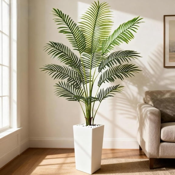 DYJP 6ft Artificial Areca Palm Tree - Fake Tropical Floor Plant with White Tall Planter for Home Office Bedroom