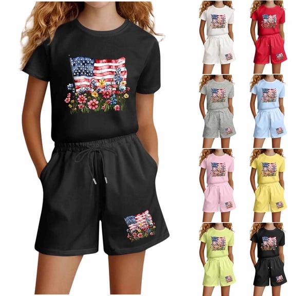 Boys Girls July 4th Outfits Crew Neck Short Sleeve Tees Elastic Waist Shorts Flag Print Casual 2 Piece Set (13-14 Years, Black)